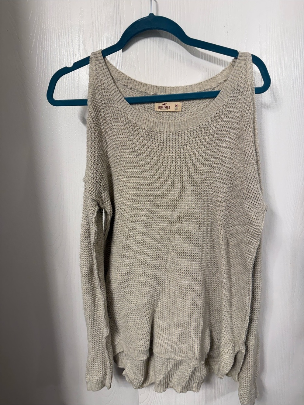 Hollister Open-Shoulder Knit Sweater in Light Tan